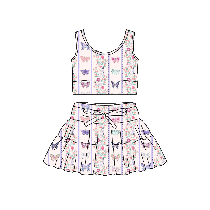 Preorder (moq 5)Baby Girls Colorful Butterfly Flowers Vest Top Ruffle Skirt Short Clothes Sets