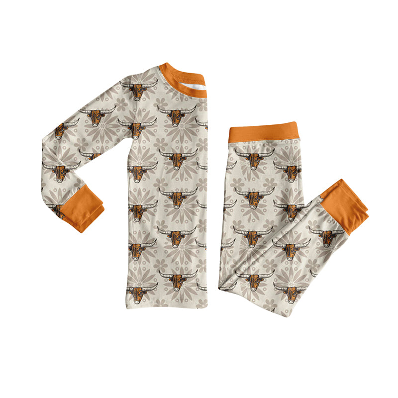 Preorder (moq 5)Baby Girls Long Sleeves Flower Bull Skull Plaid Top Pant Pajamas Clothes Set