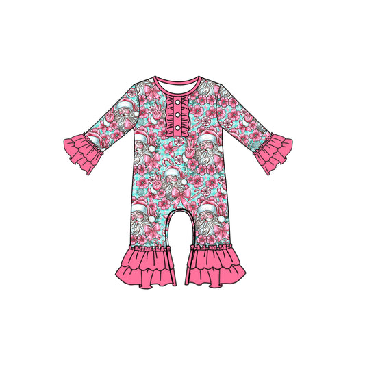 Preorder moq 5 Baby Girls Long Ruffle Sleeves Flowers Santa Button Pant Rompers
