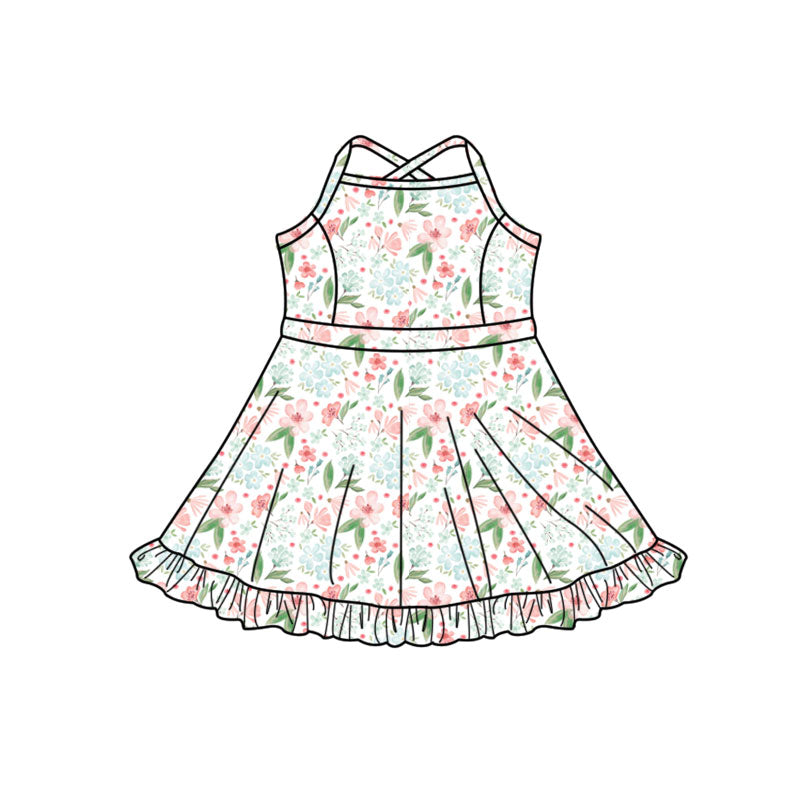 Preorder (moq 5)Baby Girls Strap Colorful Flowers Ruffle Shorts Knee Length Dresses