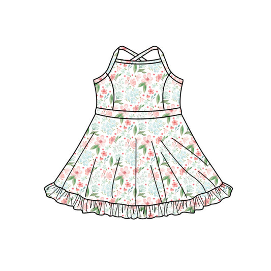 Preorder (moq 5)Baby Girls Strap Colorful Flowers Ruffle Shorts Knee Length Dresses