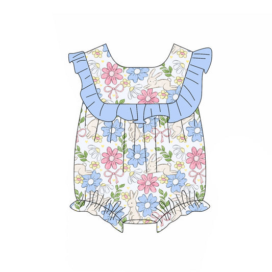 Preorder (moq 5)Baby Girls Rabbits Floral Bows Easter Ruffle Rompers