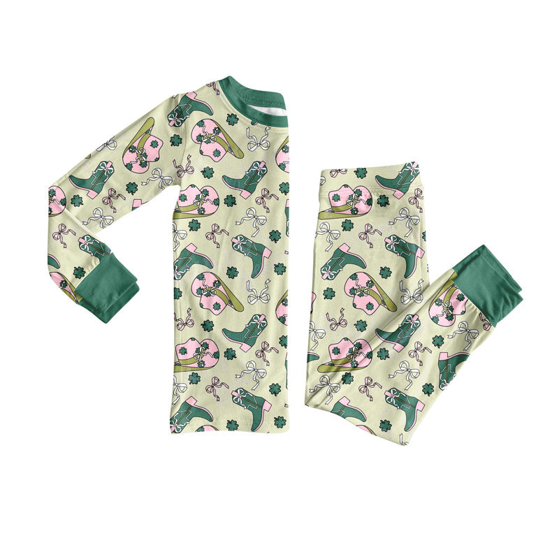 Preorder(moq 5) Baby Girls Clovers Boots Hats Top Pants St Patrick Western Pajamas Sets