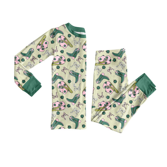 Preorder(moq 5) Baby Girls Clovers Boots Hats Top Pants St Patrick Western Pajamas Sets