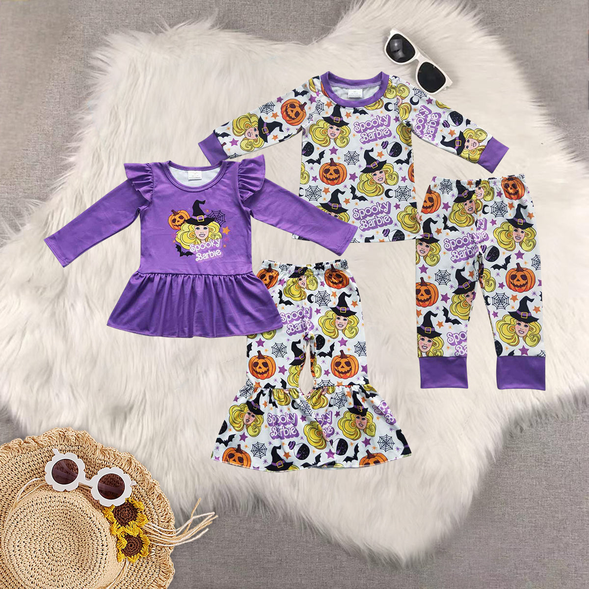 Sibling Baby Girls Halloween Doll Pumpkin Purple Bell Pants Pajamas Clothes Sets
