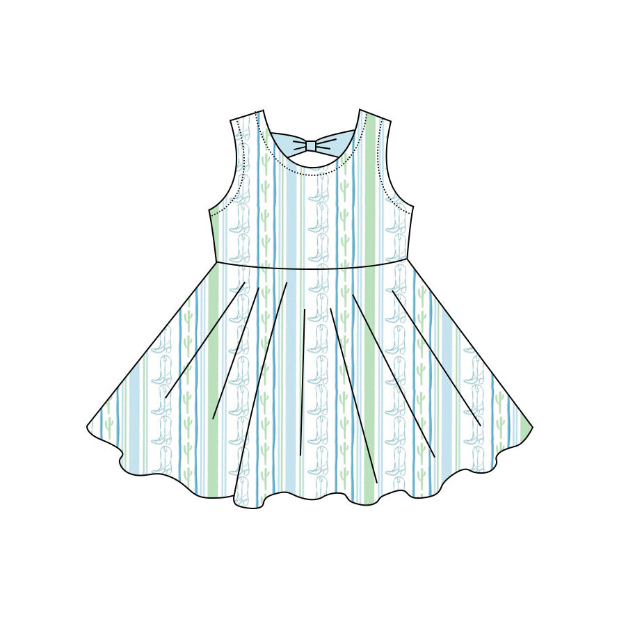 Preorder moq 5 Baby Girls Sleeveless Boots Cactus Western Knee Length Dresses