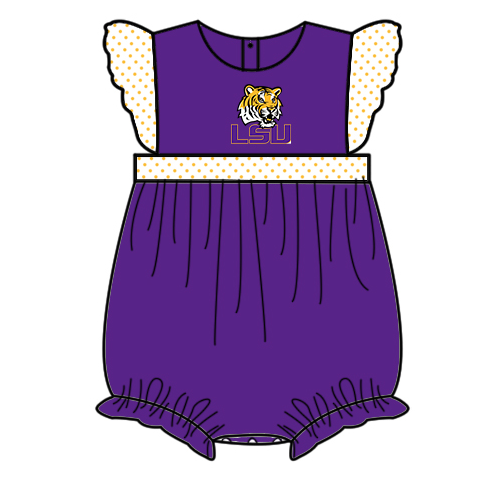 Preorder (moq 5)Baby Girls Flutter Sleeve LSU Tigers Team Ruffle Rompers