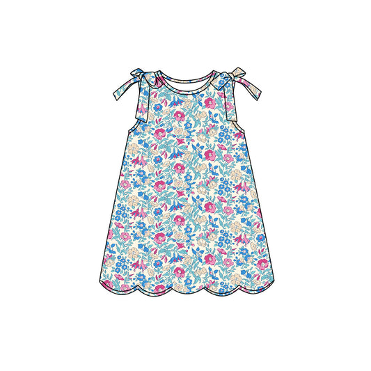 Preorder (moq 5)Baby Girls Sleeveless Colorful Flowers Scallop Knee Length Dresses