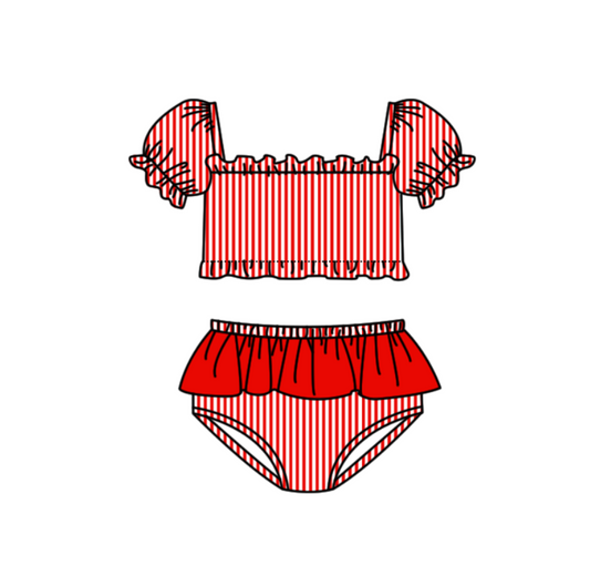 Preorder moq 5 Baby Girls Red Stripe Vest Top Bummies Short Team Swimsuits
