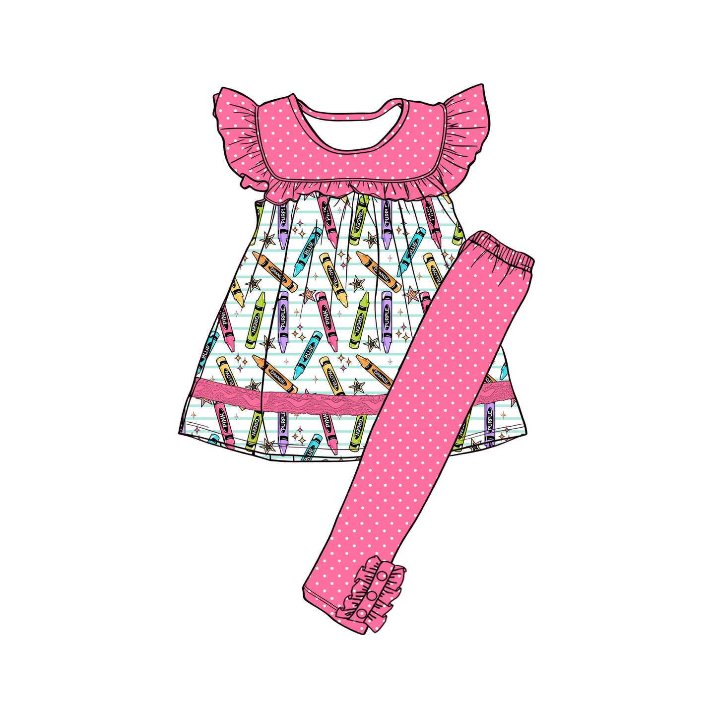 Preorder (moq 5)Baby Girls Stars Pencils Stripe Tunic Polka Dots Leggings Back to School Clothes Sets