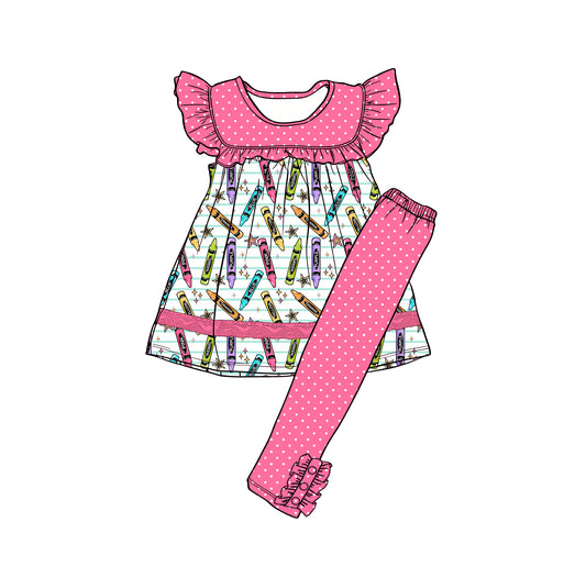 Preorder (moq 5)Baby Girls Stars Pencils Stripe Tunic Polka Dots Leggings Back to School Clothes Sets