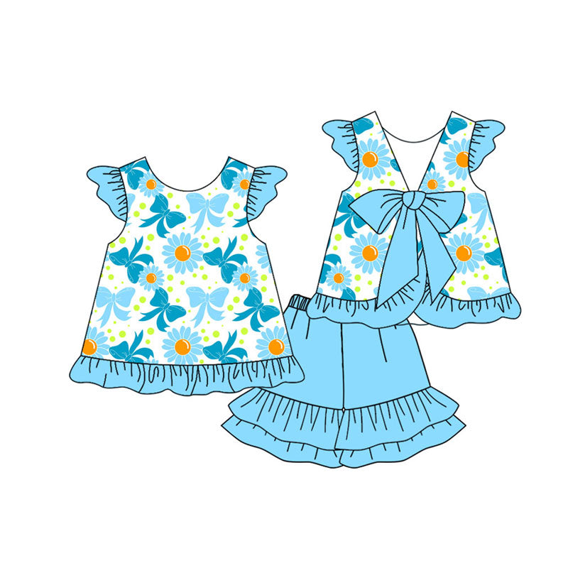 Preorder(moq 5) Baby Girls Blue Back Bow Daisy Tunic Ruffle Shorts Clothes Sets