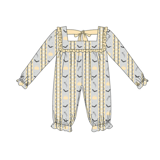 Preorder (moq 5)Baby Girls Long Sleeves Pumpkins Bats Stripes Ruffle Pant Rompers