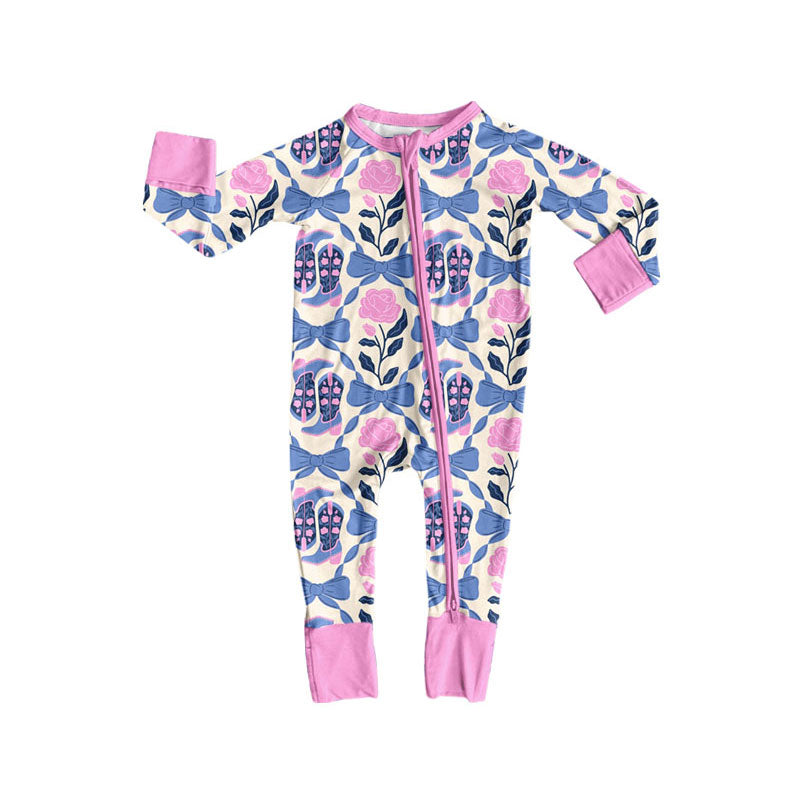 Preorder (moq 5)Baby Girls Pink Blue Bows Flowers Boots Zipper Footie Rompers