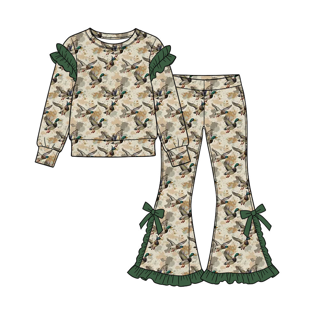 Preorder (moq 5) Baby Girl Clothes Neutral Camo Mallard Duck Print Long Sleeve Ruffle Top Flare Pant Set
