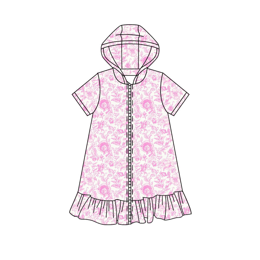 Preorder moq 5 Baby Girls Short Sleeve Pink Flowers Fall Zip Ruffle Knee Length Dresses