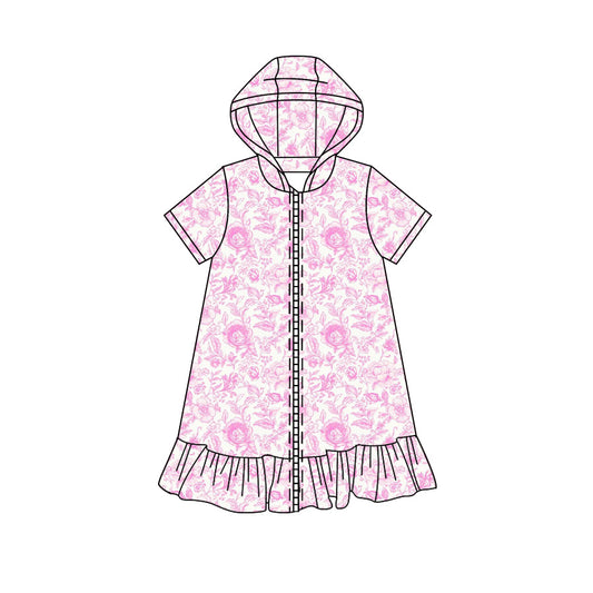 Preorder moq 5 Baby Girls Short Sleeve Pink Flowers Fall Zip Ruffle Knee Length Dresses