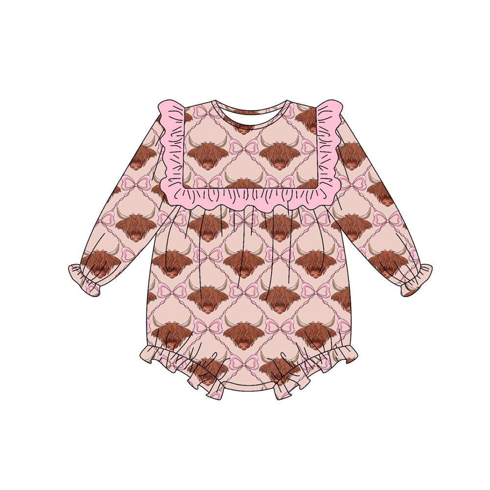 Preorder (moq 5)Baby Girls Long Sleeve Bows Highland Cows Western Ruffle Rompers