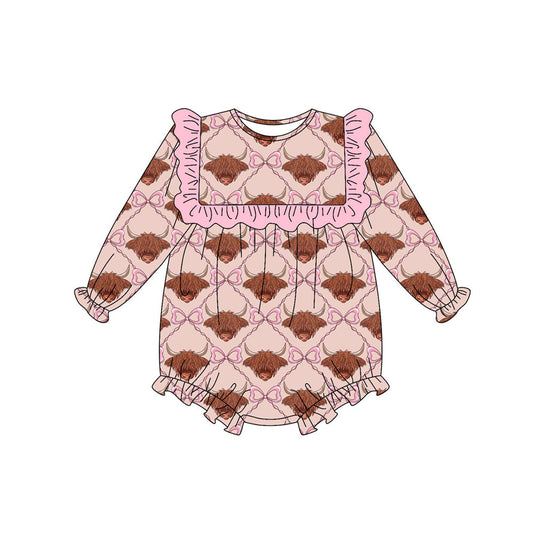 Preorder (moq 5)Baby Girls Long Sleeve Bows Highland Cows Western Ruffle Rompers