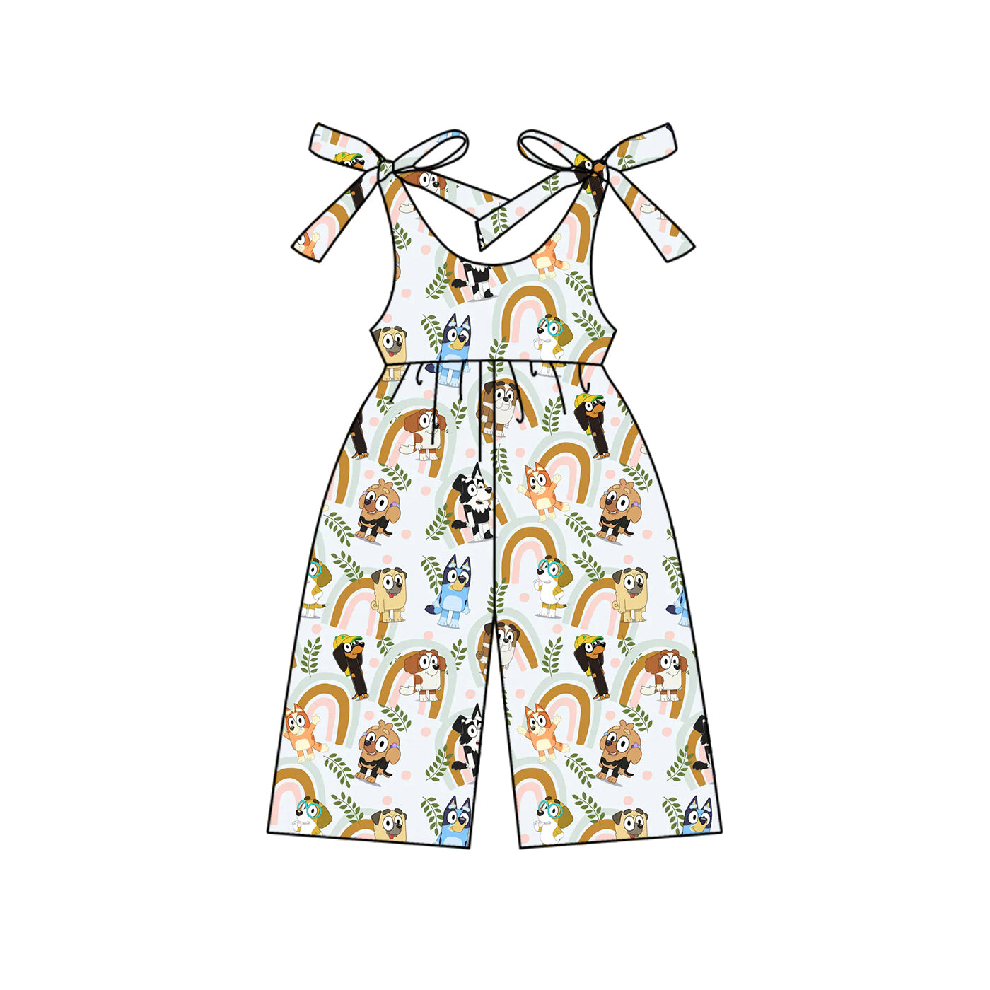 Preorder moq 5 Baby Girls Bows Sleeveless Cartoon Dogs Rainbows Jumpsuits