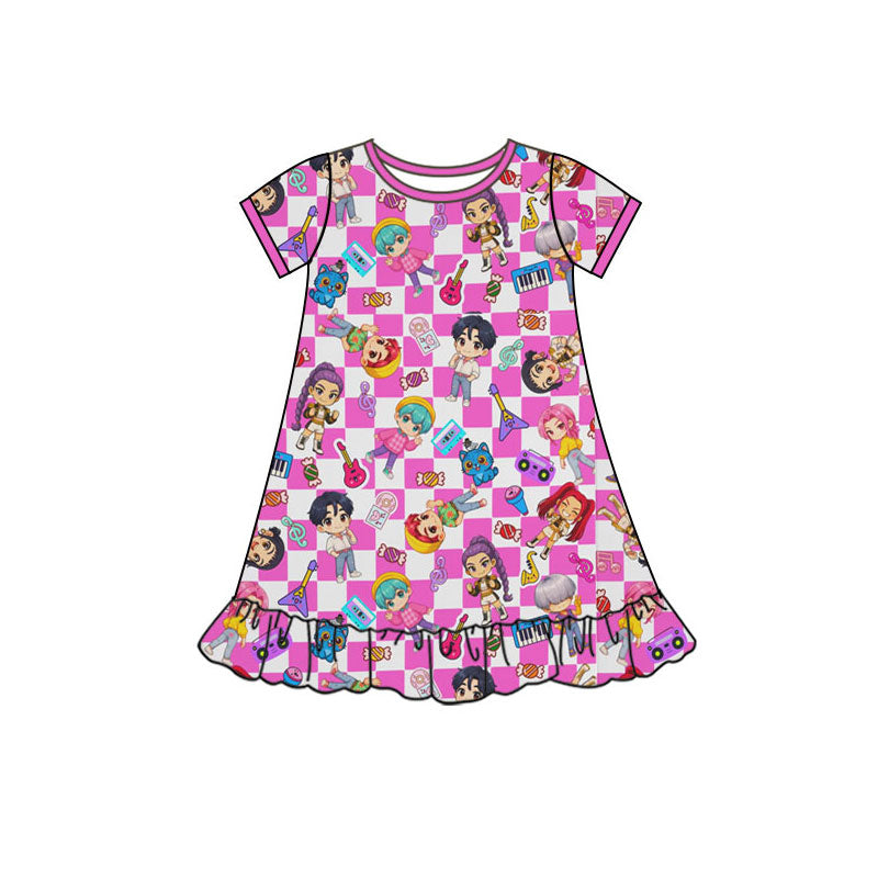 Preorder(moq 5) Baby Girls Short Sleeve Cartoon Girls Music Ruffle Knee Length Dresses