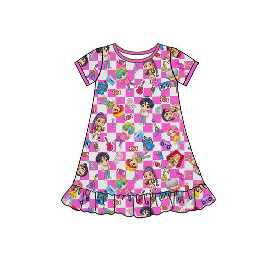 Preorder(moq 5) Baby Girls Short Sleeve Cartoon Girls Music Ruffle Knee Length Dresses