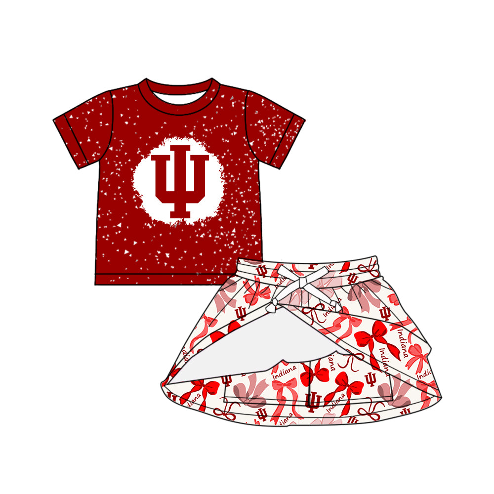 Preorder (moq 5)Baby Girls Short Sleeves Top Pink Bows Plaid Indiana Skorts Team Set