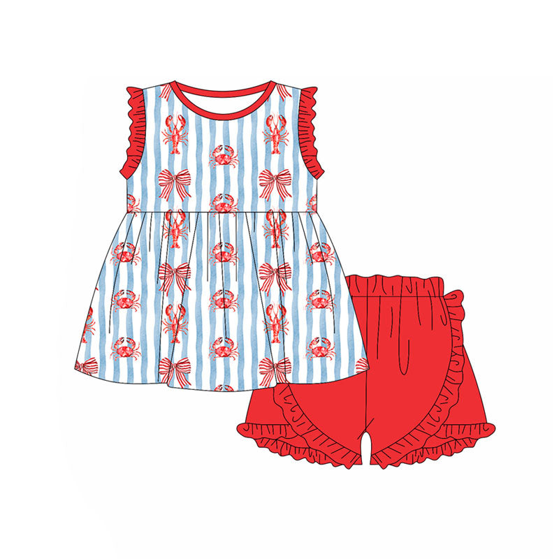 Preorder(moq 5) Baby Girls Crayfishes Crabs Stripe Tunic Ruffle Shorts Clothes Sets