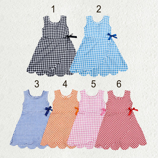 Sibling Baby Girls Blue Orange Checked Yoga Active Shorts Scallop Knee Length Dresses
