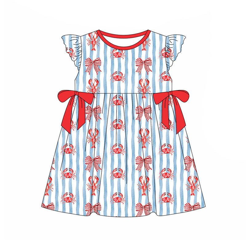 Preorder(moq 5) Baby Girls Blue Stripe Crayfishes Crabs Bows Knee Length Dresses