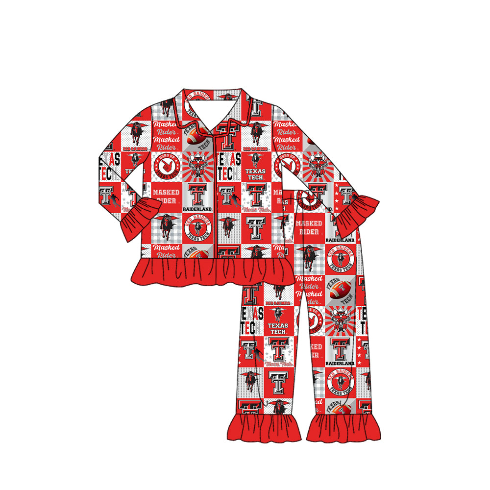 Preorder moq 5 Baby Girls Texas Tech Team Buttons Top Pants Pajamas Clothes Sets