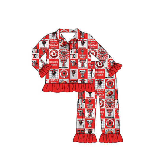 Preorder moq 5 Baby Girls Texas Tech Team Buttons Top Pants Pajamas Clothes Sets