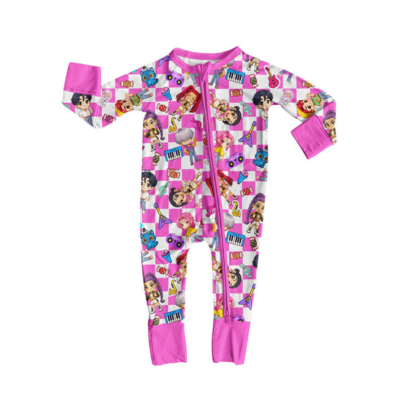 Preorder (moq 5)Baby Girls Pink Long Sleeve Cartoon Girls Music Zipper Footie Rompers