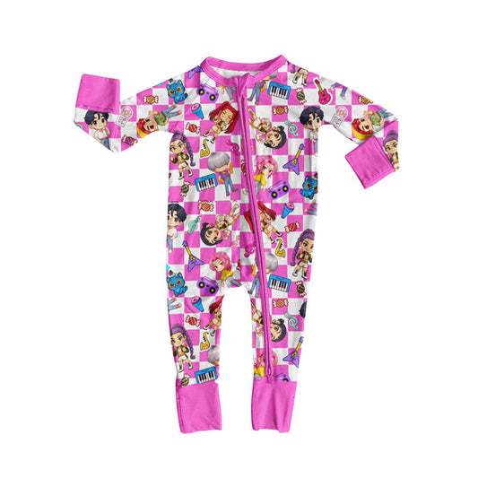 Preorder (moq 5)Baby Girls Pink Long Sleeve Cartoon Girls Music Zipper Footie Rompers