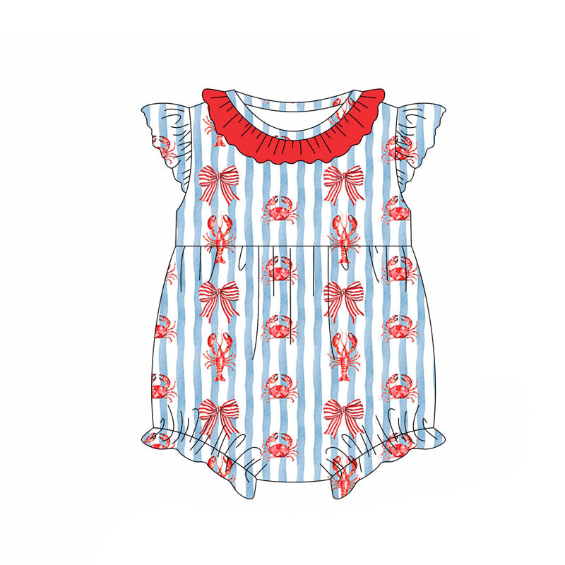 Preorder (moq 5)Baby Girls Flutter Sleeve Blue Stripe Crayfishe Crab Ruffle Collar Rompers