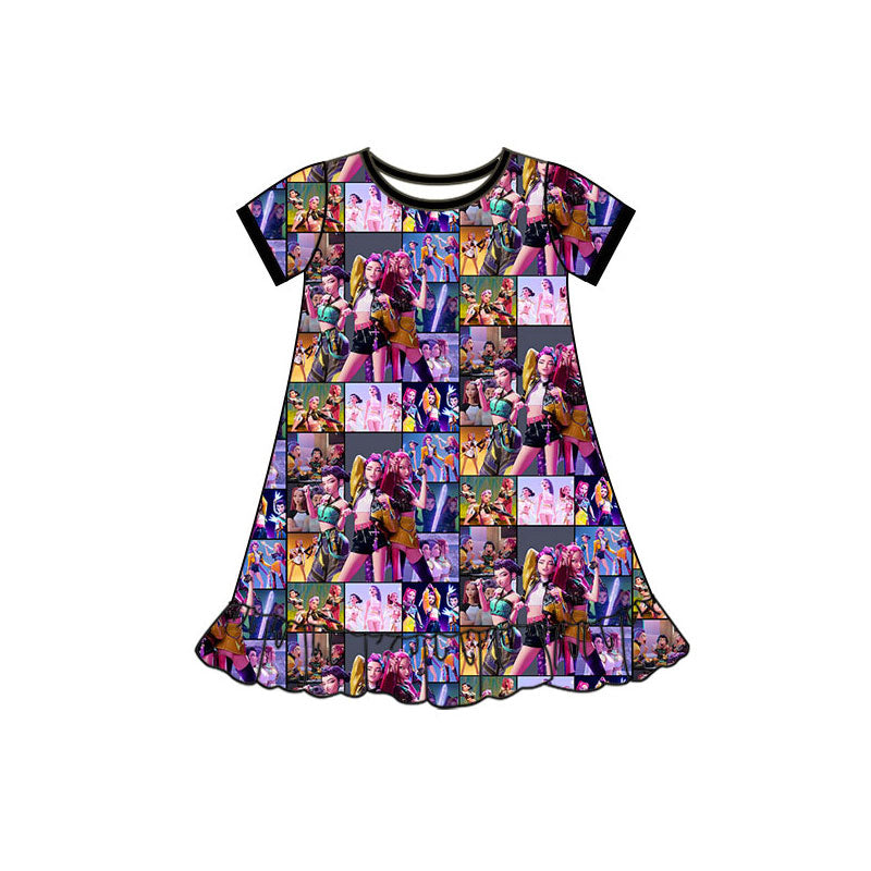 Preorder(moq 5) Baby Girls Short Sleeve Cartoon Girls Ruffle Knee Length Dresses
