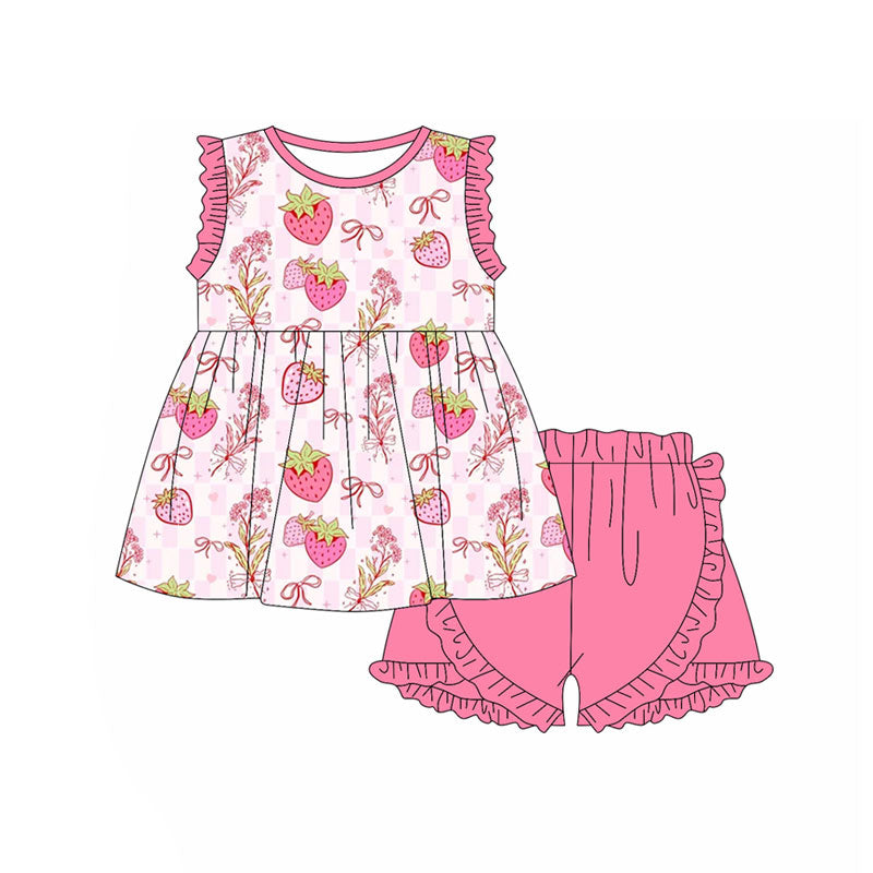 Preorder(moq 5) Baby Girls Pink Checked Strawberry Bows Tunic Ruffle Shorts Clothes Sets