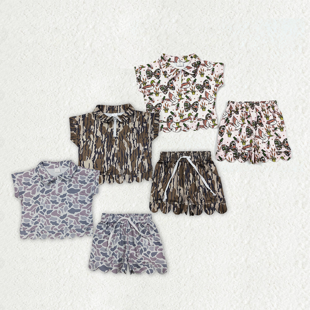 Sibling Baby Girls Southern Camo Ducks Zip Pullovers Pockets Shorts Scallop Clothes Sets