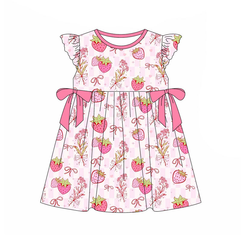 Preorder(moq 5) Baby Girls Pink Checked Strawberry Bows Knee Length Dresses