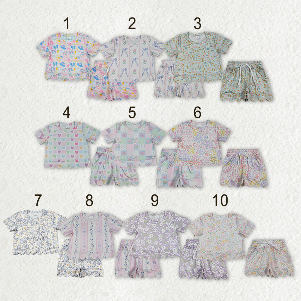 Sibling Baby Girls Colorful Flowers Top Pockets Shorts Scallop Clothes Sets