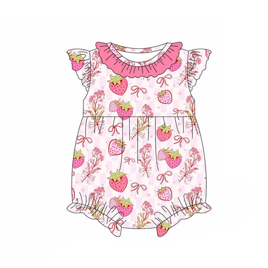 Preorder (moq 5)Baby Girls Flutter Sleeve Bows Strawberry Checked Ruffle Collar Rompers