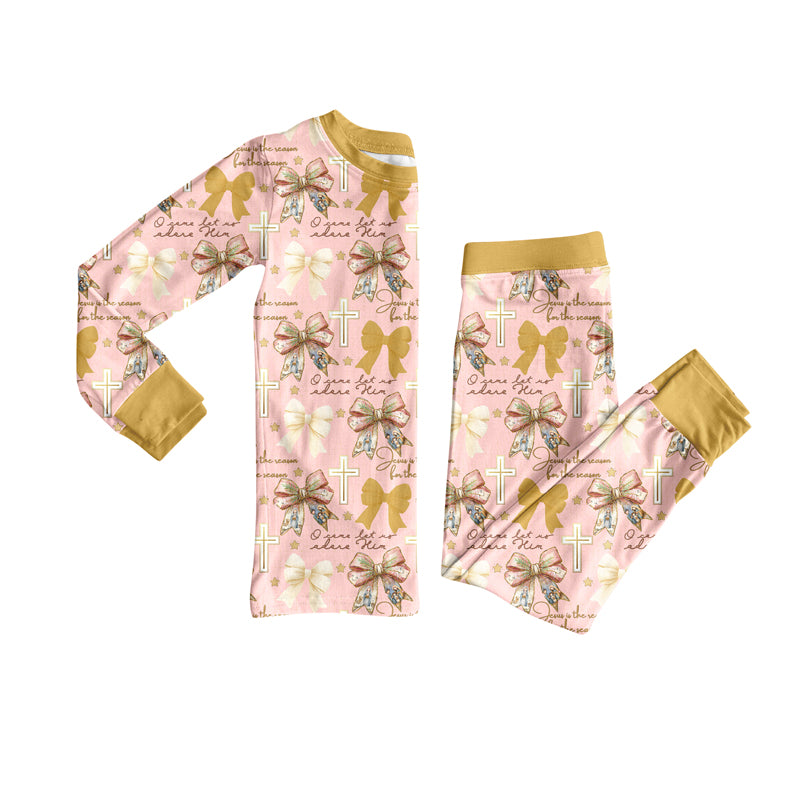Preorder (moq 5)Baby Girls Long Sleeves Cross Bows Plaid Top Pants Pajamas Set