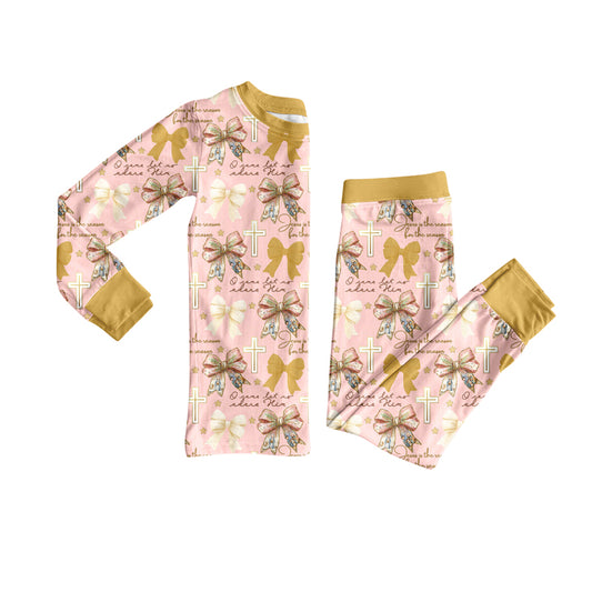 Preorder (moq 5)Baby Girls Long Sleeves Cross Bows Plaid Top Pants Pajamas Set