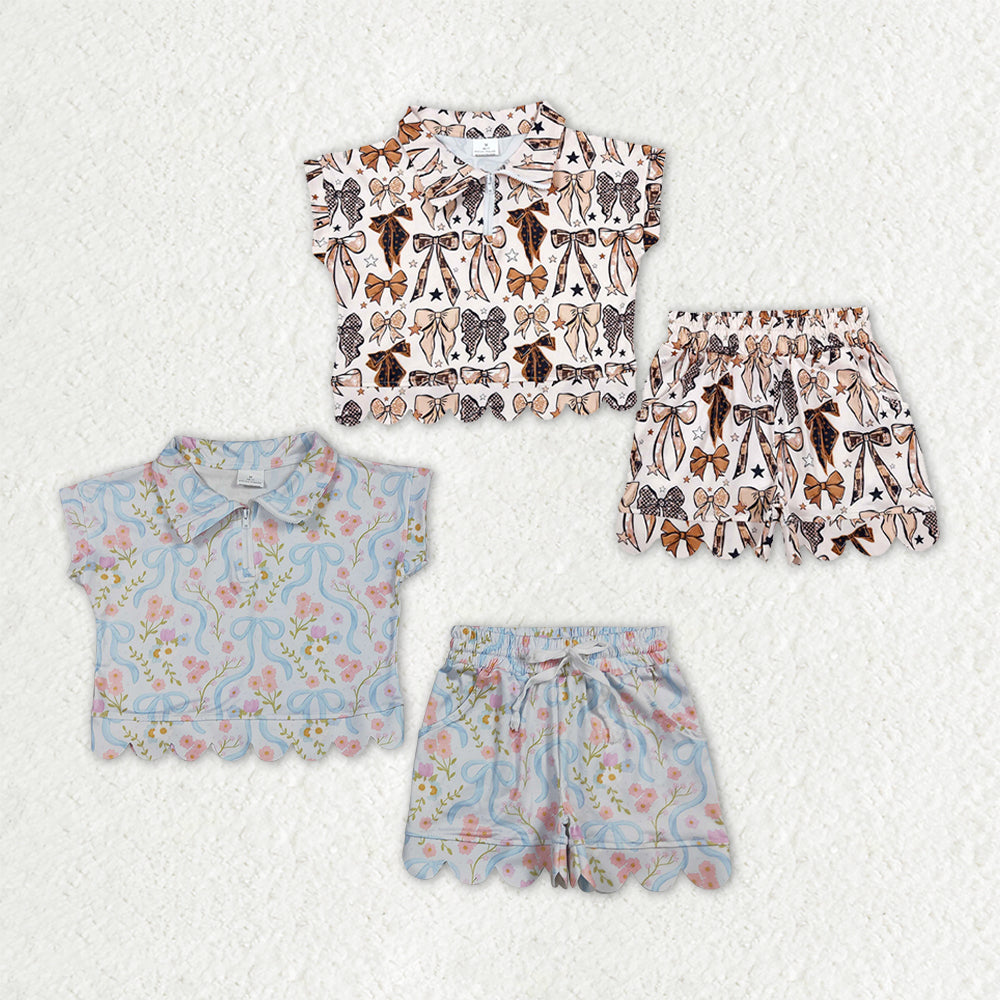 Sibling Baby Girls Bows Flowers Zip Pullovers Pockets Shorts Scallop Clothes Sets