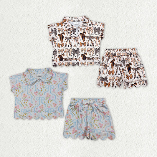 Sibling Baby Girls Bows Flowers Zip Pullovers Pockets Shorts Scallop Clothes Sets