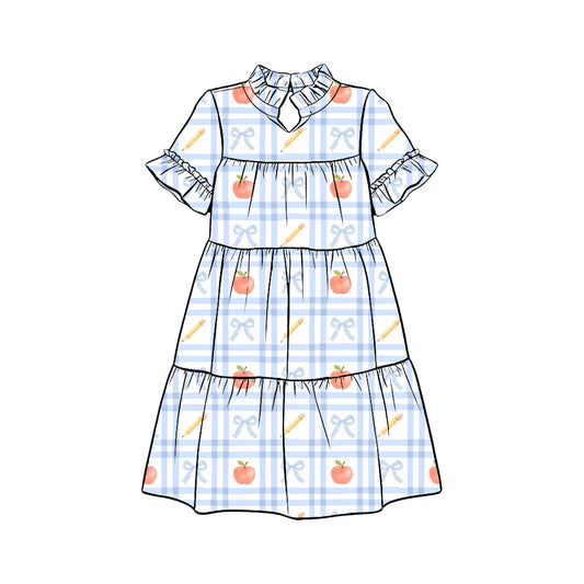 Preorder (moq 5)Baby Girls Blue Checked Apples Pencils Back to School Patchwork Knee Length Dress