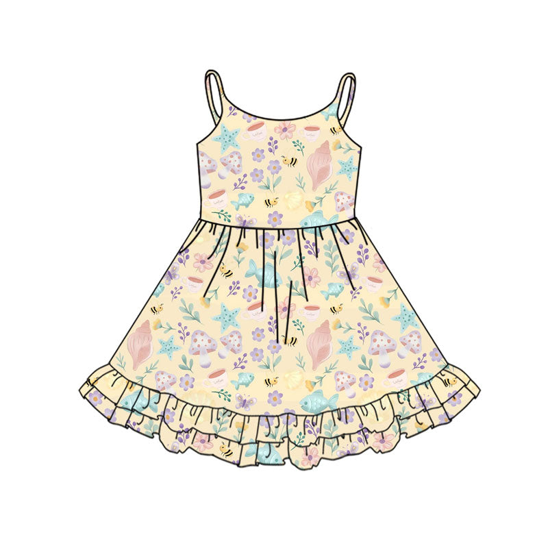 Preorder(moq 5) Baby Girls Strap Fishes Flowers Ruffle Knee Length Dresses