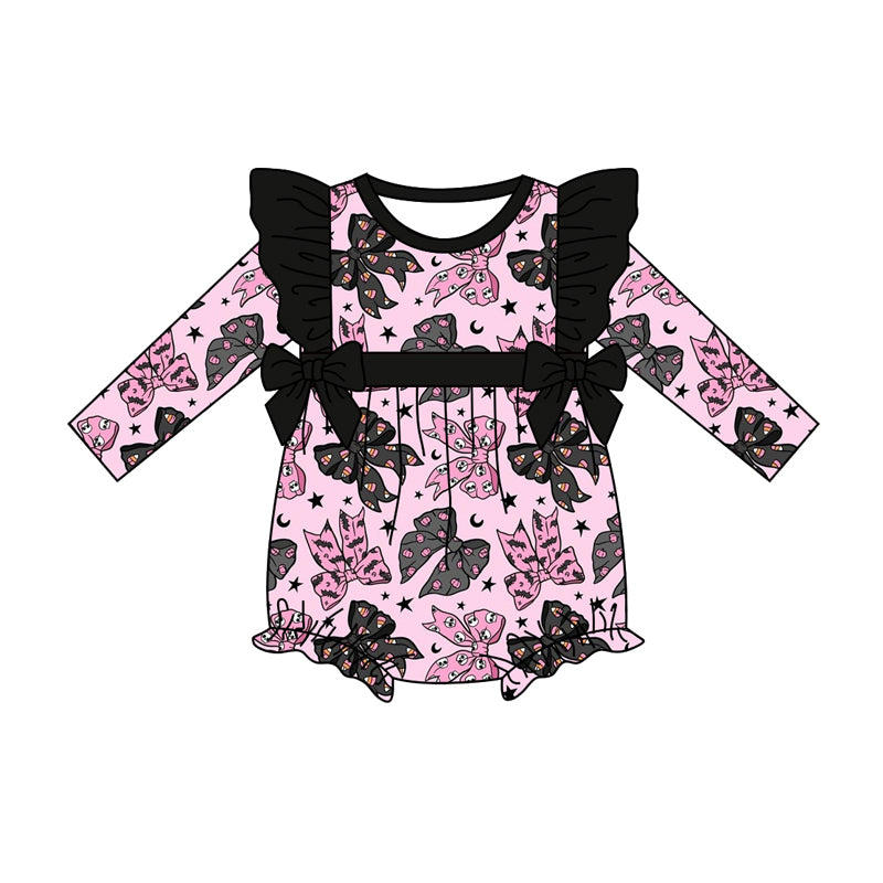 Preorder (moq 5)Baby Girls Long Sleeves Bats Ghost Bows Stars Plaid Ruffle Romper