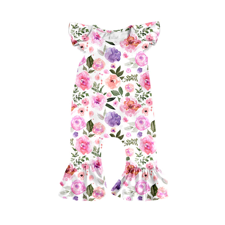 Preorder (moq 5)Baby Girls Flutter Sleeve Colorful Flowers Ruffle Footie Rompers