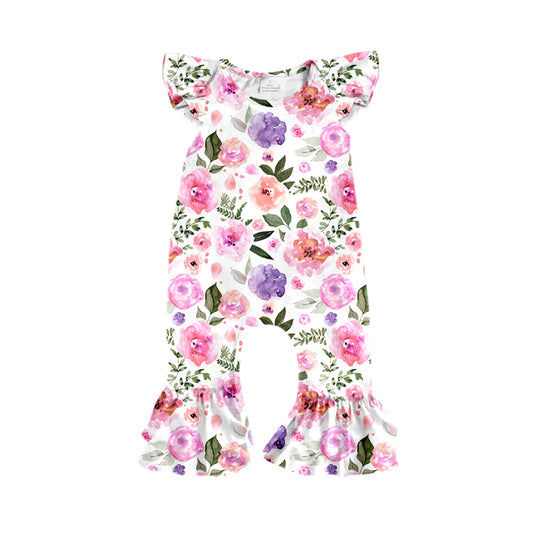 Preorder (moq 5)Baby Girls Flutter Sleeve Colorful Flowers Ruffle Footie Rompers